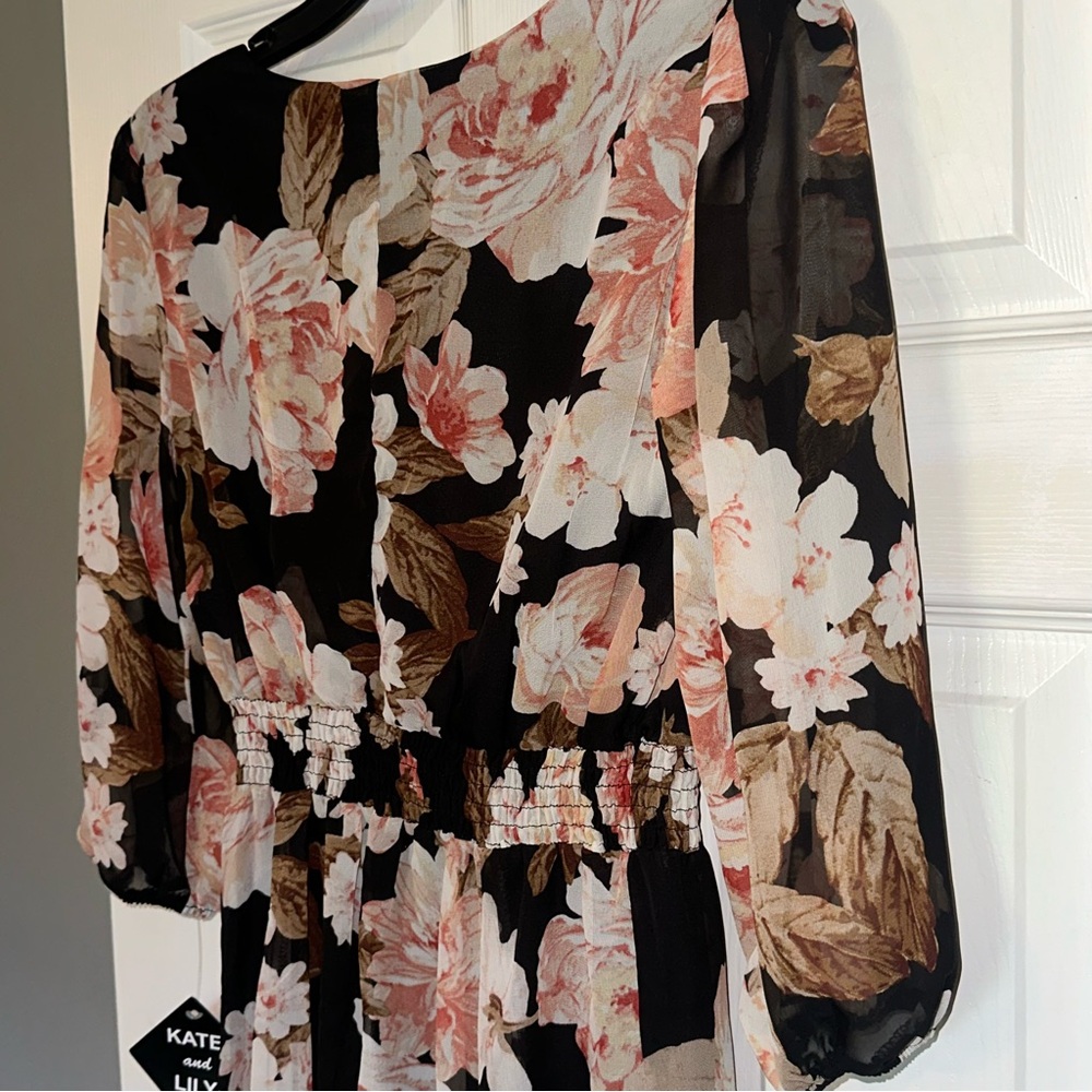 Black Floral Midi Dress with Pink Blooms - Picture 6 of 9